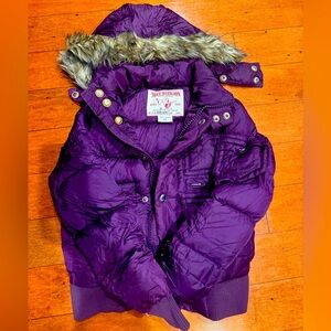 TRUE RELIGION Y2K Purple Down Puffer Coat XS Faux Fur Hood Vintage Jacket‎
